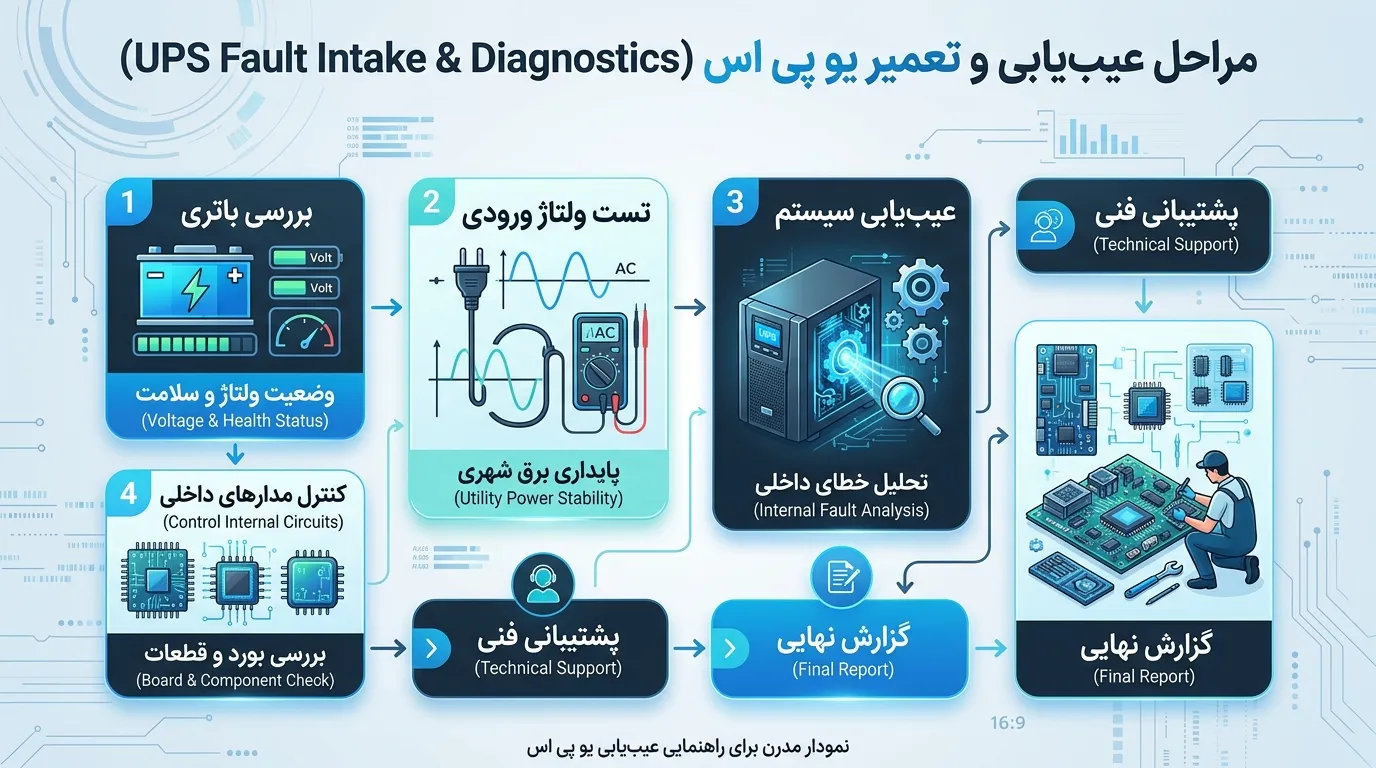 اینفوگرافیک تخصصی فارسی - راهنمای کدهای خطای UPS فاران برای مدیر فنی